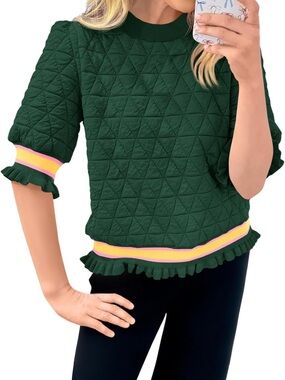 Forest Green Quilted Ruffle-Trim Pullover with Neon Stripe